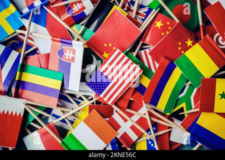 Close up of colorful paper flags of world nations. Stock Photo