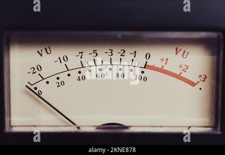 Detail of vu meter analog vintage volume sound monitor audio signal control Stock Photo