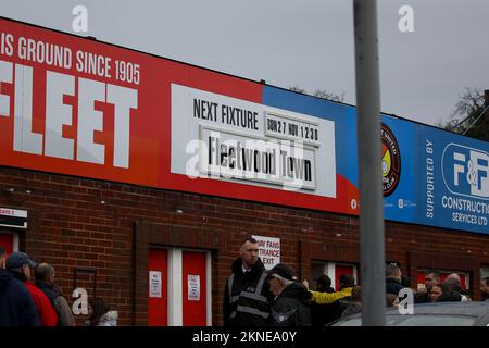 Northfleet, UK. Sunday 27th November 2022A sign advertising the game outside the stadium during the FA Cup Second Round match between Ebbsfleet United and Fleetwood Town at The Kufflink Stadium, Northfleet on Sunday 27th November 2022. (Credit: Tom West | MI News) Credit: MI News & Sport /Alamy Live News Credit: MI News & Sport /Alamy Live News Stock Photo