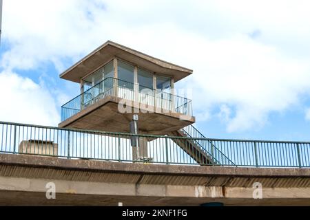 elevated brutalist concrete control tower for Plimsoll swing bridge in cumberland basin bristol Stock Photo