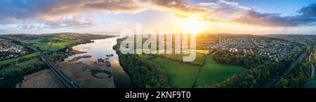 Panorama of Sunrise over Newton Abbot Bridge and River Teign from a drone, Newton Abbot, Devon, England, Europe Stock Photo