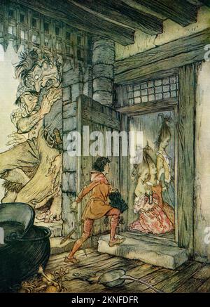 Taking the keys of the castle Jack unlocked all the doors.  Illustration to Jack the Giant Killer from the book English Fairy Tales retold by F.A. Steel with illustrations by Arthur Rackham, published 1927. Stock Photo