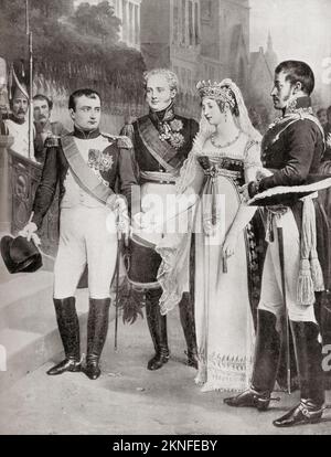 Napoleon Bonaparte meeting the Queen of Prussia at Tilsit, 1807. Napoleon Bonaparte, 1769 – 1821. French military and political leader and Emperor of the French, 1804 - 1815 as Napoleon I. Duchess Louise of Mecklenburg-Strelitz, 1776 – 1810. Queen consort of Prussia as the wife of King Frederick William III. Stock Photo