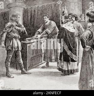 King Harold swears an oath on sacred relics to William to support his claim to the English throne. Harold Godwinson, c. 1022 –  1066, aka Harold II.  The last crowned Anglo-Saxon English king.  From History of England, published 1907 Stock Photo