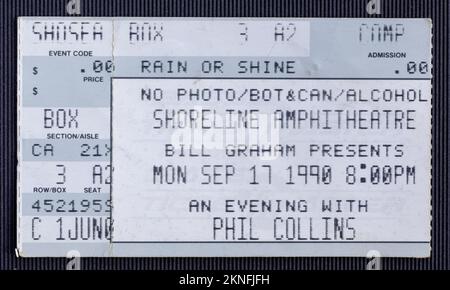 Mountain View, California - September 17, 1990 - ticket stub for the Phil Collins' Seriously Live! World Tour at Shoreline Amphitheatre Stock Photo