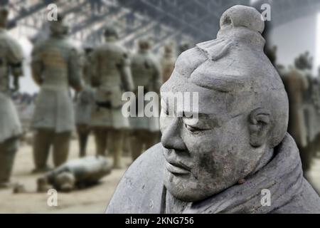 The Terracotta Army is a set of statues placed in the mausoleum of the first Qin emperor, placed in the city of Xi'an China. Stock Photo