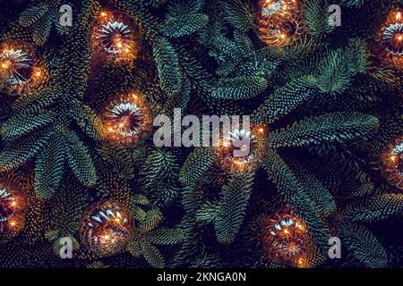 Christmas tree branches with Christmas lights. Texture background Stock Photo