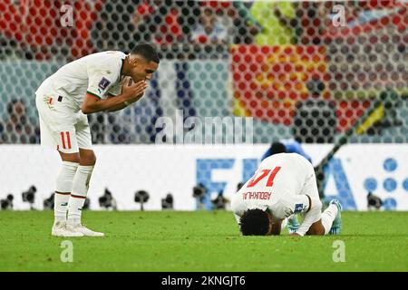 Abdelhamid Sabiri and Zakaria Aboukhlal of Morocco during Belgium v Morocco match of the Fifa World Cup Qatar 2022 at Al Thumama Stadium in Doha, Qatar on November 27, 2022. Photo by Laurent Zabulon/ABACAPRESS.COM Stock Photo