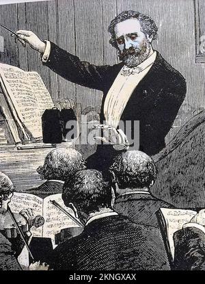 GIUSEPPE VERDI (1813-1901) Italian operatic composer conducting the Paris Opera premiere of AIDA in 1880 Stock Photo