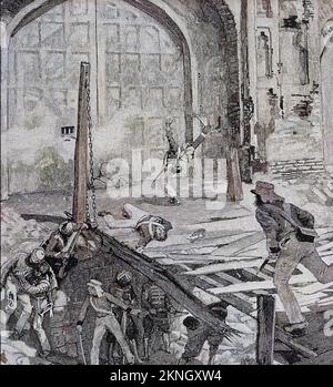 INDIAN MUTINY 1857. British troops blow up the Cashmere Gate in Delhi on 14th September.  Lieutenant Duncan Charles Home and Philip Salkeld of the Bengal Engineers are killed. Both were awarded posthumous VCs. Stock Photo