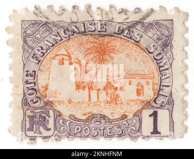 FRENCH SOMALI COAST DJIBOUTI - 1902: An 1 centime brown-violet and orange postage stamp depicting Tadjoura Mosque. Tadjoura is one of the oldest towns in Djibouti and the capital of the Tadjourah Region. The town evolved into an early Islamic center with the arrival of Muslims shortly after the Hijra. An important port for many centuries, it was ruled by a succession of polities, including the Ifat Sultanate, Adal Sultanate, the Ottoman Empire, France until Djibouti's independence in 1977. Lying on the Gulf of Tadjoura, it is home to a population of around 45,000 inhabitants Stock Photo