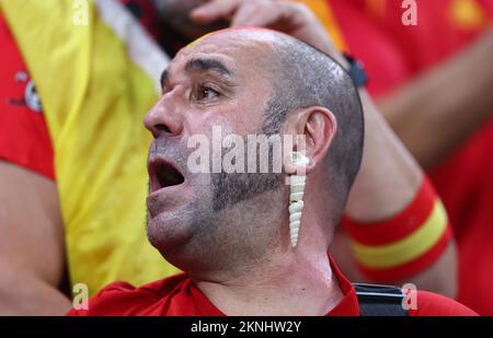 Al Khor, Qatar, 27th November 2022. Spain fan during the FIFA World Cup 2022 match at Al Bayt Stadium, Al Khor. Picture credit should read: David Klein / Sportimage Stock Photo