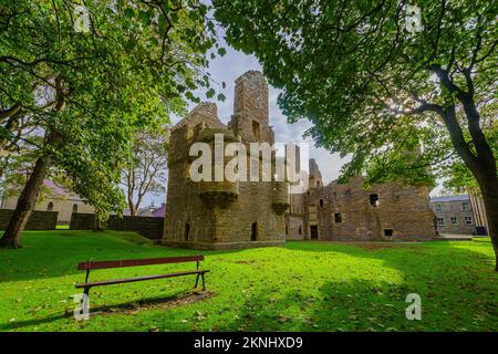 Kirkwall, UK - October 03, 2022: View of the Bishop and Earl Palace, and its garden, in Kirkwall, Orkney Islands, Scotland, UK