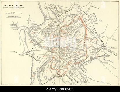 Vintage city plan of Ancient Rome and area around it showing topography and monuments. Stock Photo