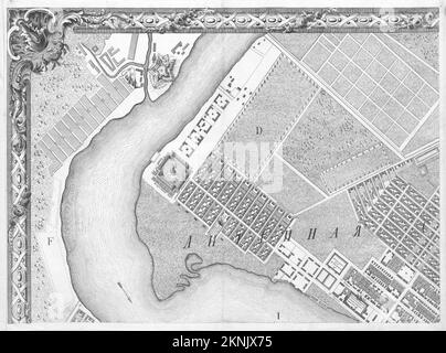 Vintage city plan of Saint Petersburg and area around it from 18th century. Maps are beautifully hand illustrated and engraved showing it at the time. Stock Photo