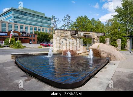 Water fountains at the entrance of Millennium Park in downtown Peterborough, Ontario, Canada Stock Photo