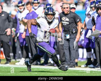 Thursday, November 11, 2021; Miami Gardens, FL USA; Baltimore Ravens wide  receiver Devin Duvernay (13) runs with the ball during an NFL game against  Stock Photo - Alamy