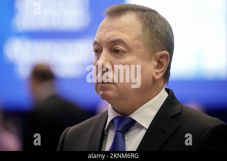 Minsk, Belarus. 8th Oct, 2019. The Minister of Foreign Affairs of the Republic of Belarus Vladimir Makei (or Uladzimir Makiej) speaks with journalists during The Minsk Dialogue event. Vladimir Vladimirovich Makei (or Uladzimir Makiej) died in Minsk on November 26, 2022. He was 64 years old. There is no information that he had a chronic illness. Belarusian authorities did not state his cause of death. Makei served as the Minister of Foreign Affairs of Belarus from 2012 till his death in 2022. Since 2015 he has been perceived as a pretty democratic leader. After the mass protests in Belarus th Stock Photo