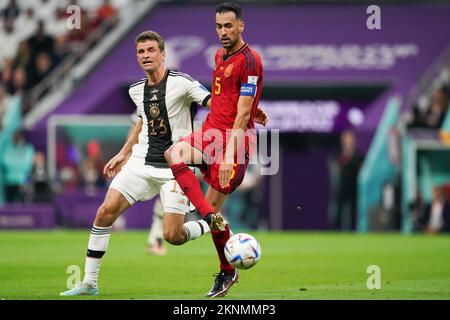 Qatar. Al Khor, Doha, Qatar, Qatar. 27th Nov, 2022. DOHA, QATAR - NOVEMBER 27: Sergio Busquets passes the ball during the FIFA World Cup Qatar 2022 group E match between Spain and Germany at Al Bayt Stadium on November 27, 2022 in Al Khor, Qatar. (Credit Image: © Florencia Tan Jun/PX Imagens via ZUMA Press Wire) Credit: ZUMA Press, Inc./Alamy Live News Stock Photo