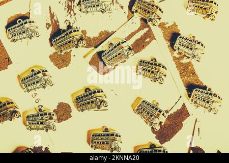 Still life scrapbook scene of historic travel with Great Britain pendant buses in shabby style. Stock Photo