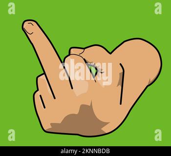 An illustration of a hand with a middle finger isolated on a green background Stock Photo