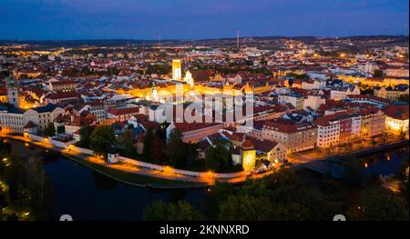 Aerial view of Ceske Budejovice at twilight, Czech Republic Stock Photo