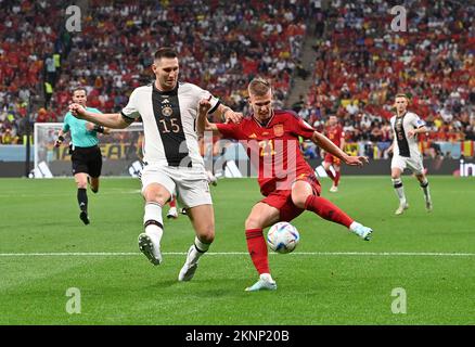 Al-Khor. 27th Nov, 2022. left to right Niklas SUELE (Sule) (GER), Dani OLMO (ESP), action, duels, Spain (ESP) - Germany (GER), group phase Group E, 2nd matchday, on November 27th, 2022, Al-Bayt Stadium in Al-Khor. Soccer World Cup 2022 in Qatar from 20.11. - 18.12.2022 Credit: dpa/Alamy Live News Stock Photo