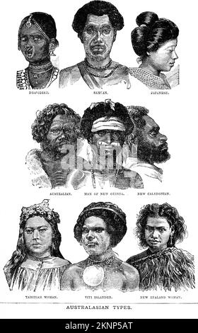 Engraving of various racial types of people, circa 1880 Stock Photo