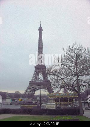 Eiffel tower and Carrousel illustration, Paris traditional landscape. Paris traditional postcard print of Eiffel tower. Stock Photo