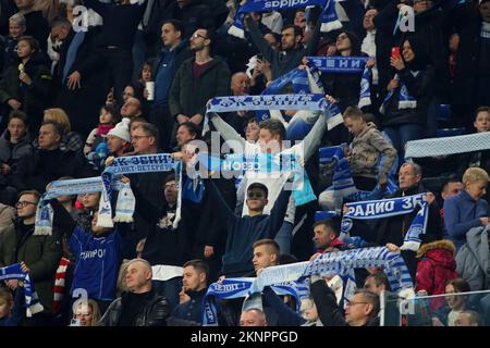 Saint Petersburg, Russia. 27th Nov, 2022. Fans of Zenit seen in action during the Russian Cup 2022/2023 football match between Zenit Saint Petersburg and Spartak Moscow at Gazprom Arena. Final score; Zenit 0:0 (4:2, penalty shootout) Spartak. Credit: SOPA Images Limited/Alamy Live News Stock Photo