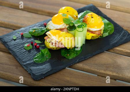 Potato burgers with quail egg Stock Photo