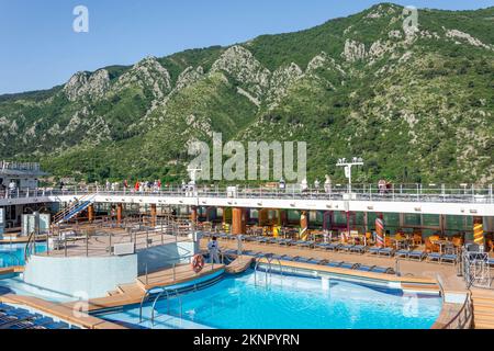 Coastal shoreline from deck of Marell Explorer II cruise ship, Bay of Kotor (Boka kotorska), Kotor, Dalmatia, Montenegro Stock Photo