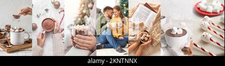 Christmas collage of couple with sweet cocoa drinks in cups and marshmallows Stock Photo