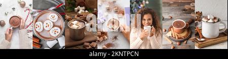 Christmas collage of young woman with sweet cocoa drinks in cups and marshmallows Stock Photo