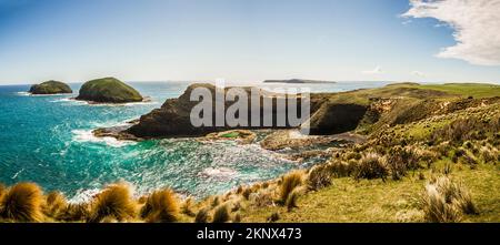 Colourful seaside panoramic landscape of the epic landmark Cape Grim on the most far northwestern point of Tasmania. Australian seascapes Stock Photo