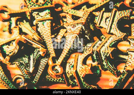 Orange and green toned photo on iconic French Eiffel Towers stacked in abstraction Stock Photo