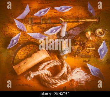 A captains cabin scene of maritime plans and plottings from old seafaring courses adrift Stock Photo