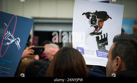 Animal lovers and activists who came together with the call of the Animal Rights Federation in Izmir, protested the animal massacres in Turkey. Video footage that contains graphic image of an officer worker in an animal shelter belonging to Konya Metropolitan Municipality, torturing and killing a dog in the shelter, appeared on social media on November 24 and caused reactions all over Turkey. An investigation was launched after the footage that caused indignation. Two people were detained and arrested as a result of the investigation. (Photo by Idil Toffolo/Pacific Press) Stock Photo
