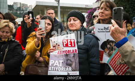 Animal lovers and activists who came together with the call of the Animal Rights Federation in Izmir, protested the animal massacres in Turkey. Video footage that contains graphic image of an officer worker in an animal shelter belonging to Konya Metropolitan Municipality, torturing and killing a dog in the shelter, appeared on social media on November 24 and caused reactions all over Turkey. An investigation was launched after the footage that caused indignation. Two people were detained and arrested as a result of the investigation. (Photo by Idil Toffolo/Pacific Press) Stock Photo