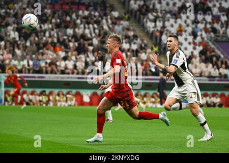 Dani Olmo of Spain and Niklas Sule of Germany during Spain v Germany match of the Fifa World Cup Qatar 2022 at Al Bayt Stadium in Doha, Qatar on November 27, 2022. Photo by Laurent Zabulon/ABACAPRESS.COM Stock Photo