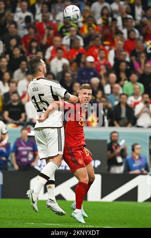 Dani Olmo of Spain and Niklas Sule of Germany during Spain v Germany match of the Fifa World Cup Qatar 2022 at Al Bayt Stadium in Doha, Qatar on November 27, 2022. Photo by Laurent Zabulon/ABACAPRESS.COM Stock Photo