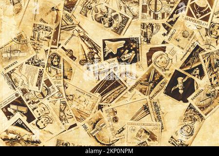 Historic stamp collection of aerospace and space travel in vintage weathered styling Stock Photo