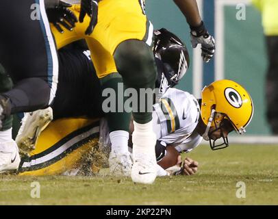 Philadelphia, United States. 27th Nov, 2022. Green Bay Packers Aaron Rodgers is sacked by Philadelphia Eagles Fletcher Cox in the 2nd quarter in week 12 of the NFL season at Lincoln Financial Field in Philadelphia on Sunday, November 27, 2022 Photo by John Angelillo/UPI Credit: UPI/Alamy Live News Stock Photo