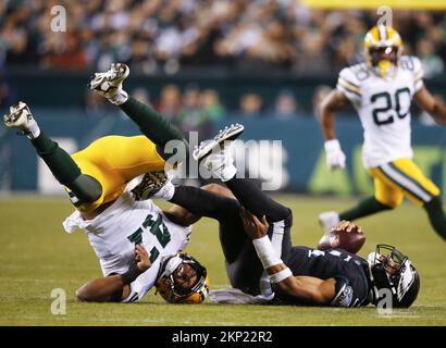 Philadelphia, United States. 27th Nov, 2022. Philadelphia Eagles Jalen Hurts is sacked by Green Bay Packers Justin Hollins in the 2nd quarter in week 12 of the NFL season at Lincoln Financial Field in Philadelphia on Sunday, November 27, 2022 Photo by John Angelillo/UPI Credit: UPI/Alamy Live News Stock Photo