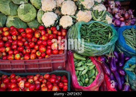 Market in Kathmandu, Nepal with various colorful fruits Stock Photo