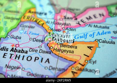 Djibouti Travel Concept Country Name On The Political World Map Very Macro Close-Up View Stock Photograph Stock Photo