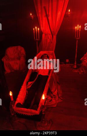 Dracula's birth place and coffin at Casa Vlad Dracul in Sighisoara medievel town, Transylvania, Romania Stock Photo