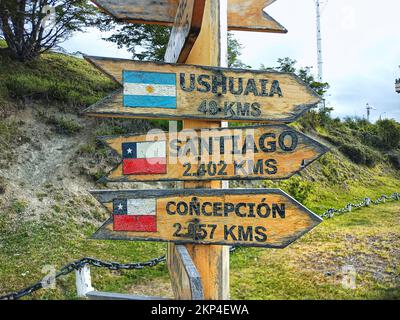 sign board in porto williams,monuments houses and streets in puerto williams ,world southern most city,puerto williams,antactica,chile,south america Stock Photo