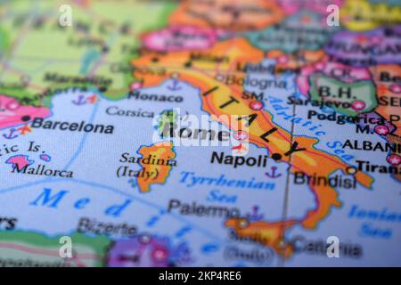 Rome Travel Concept Country Name On The Political World Map Very Macro Close-Up View Stock Photo