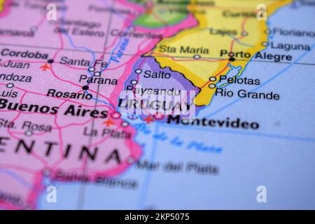 Uruguay  Travel Concept Country Name On The Political World Map Very Macro Close-Up View Stock Photograph Stock Photo